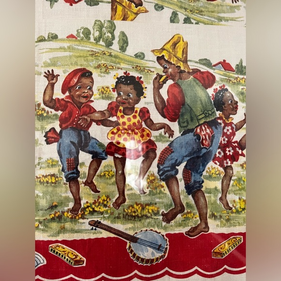 VINTAGE Collectable. Cloth print. Children playing music and dancing in a field. - Picture 2 of 5